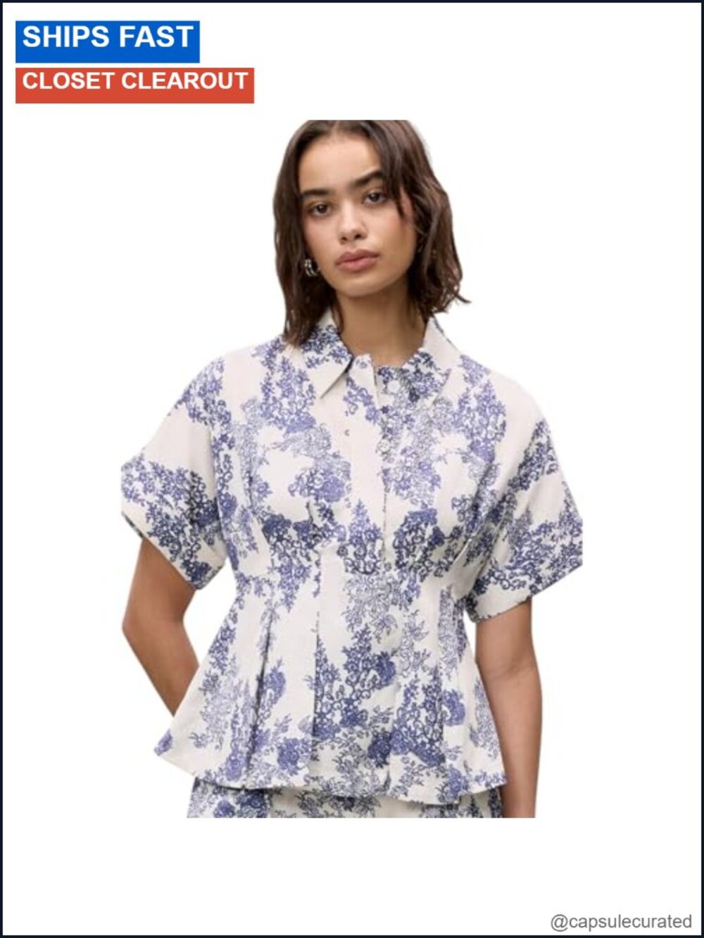 Shine Blouse Pleated Waist Collared Short Sleeve Button Down